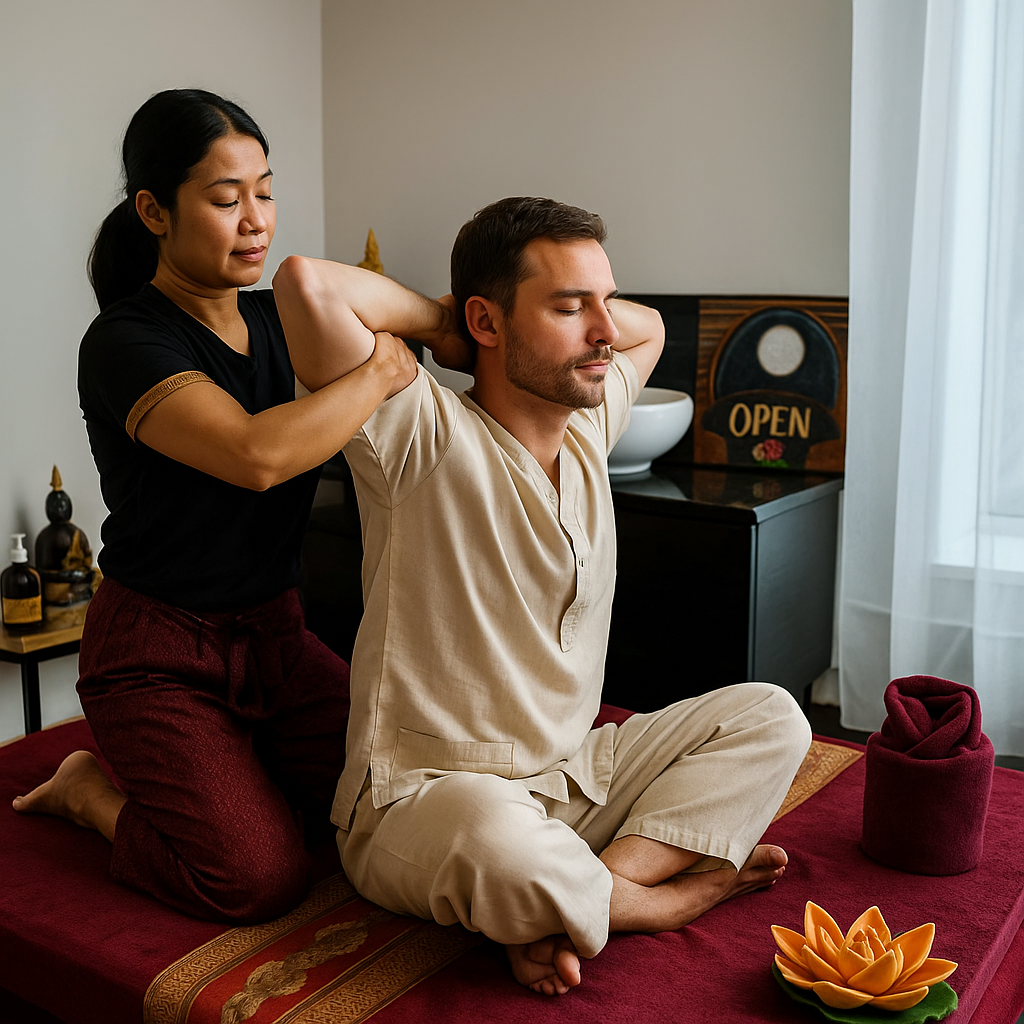 Royl Thai Tallinn female massage therapist stretching a male client in the therapy room.